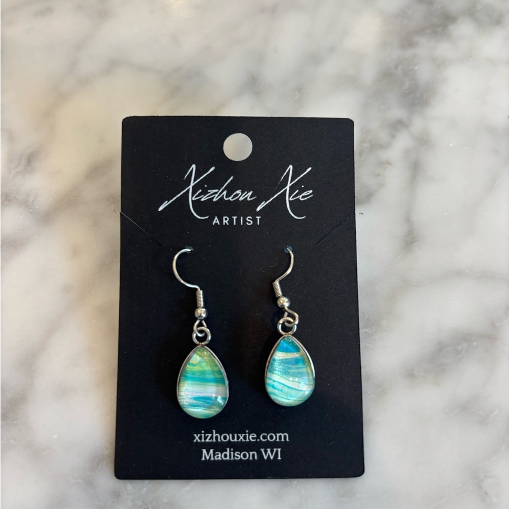New! Handcrafted dangle earrings with hues of blue by artist Xizhou Xie